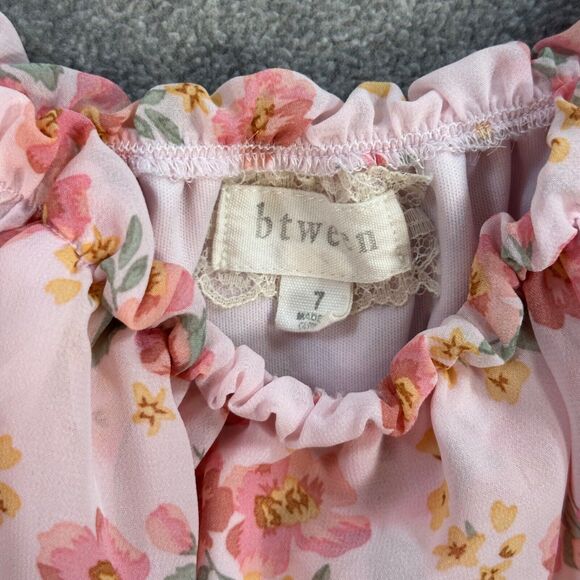 Btween Off Shoulder Dress Girls Size 7 Pink Floral Mixed Print Ruffle Hem Lined - Picture 3 of 9